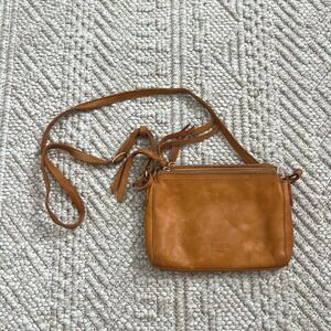 Margot New York Cognac Brown Leather Triple Zip Crossbody Bag Tassel Detail